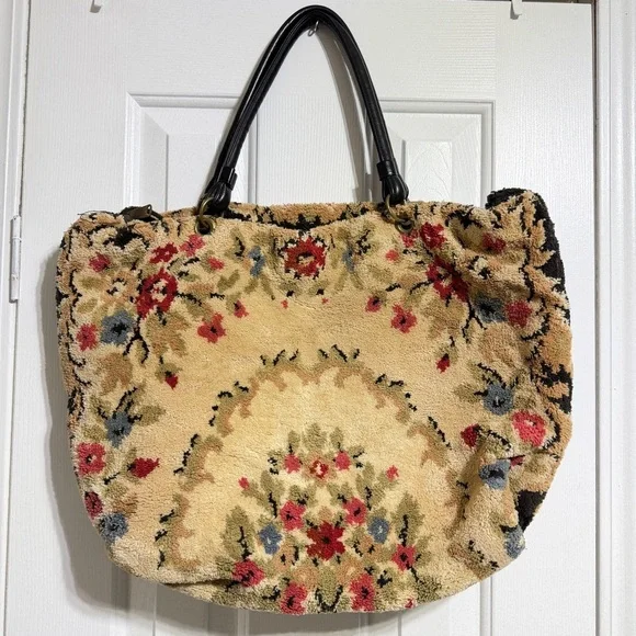 Vintage 50’s 60’s floral carpet tote shoulder back leather handles - Picture 2 of 12